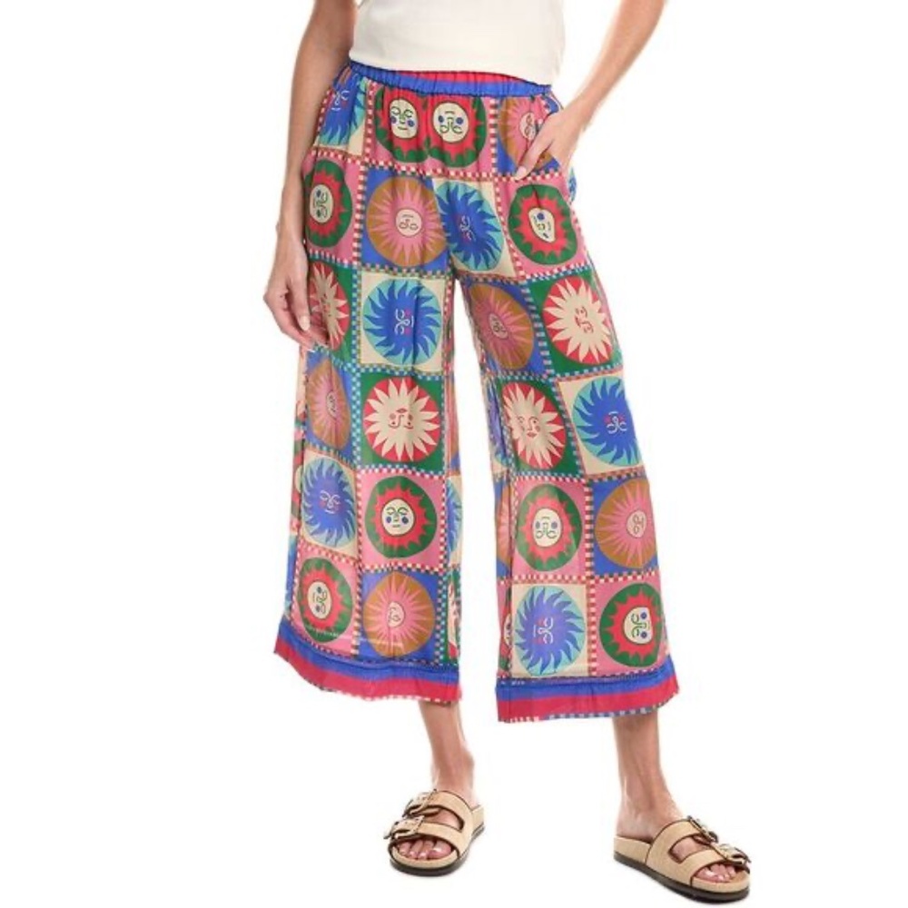 Johnny Was Villa Pantsin Sun Linora Print 100% Silk Wide-Leg Crops NWT size M